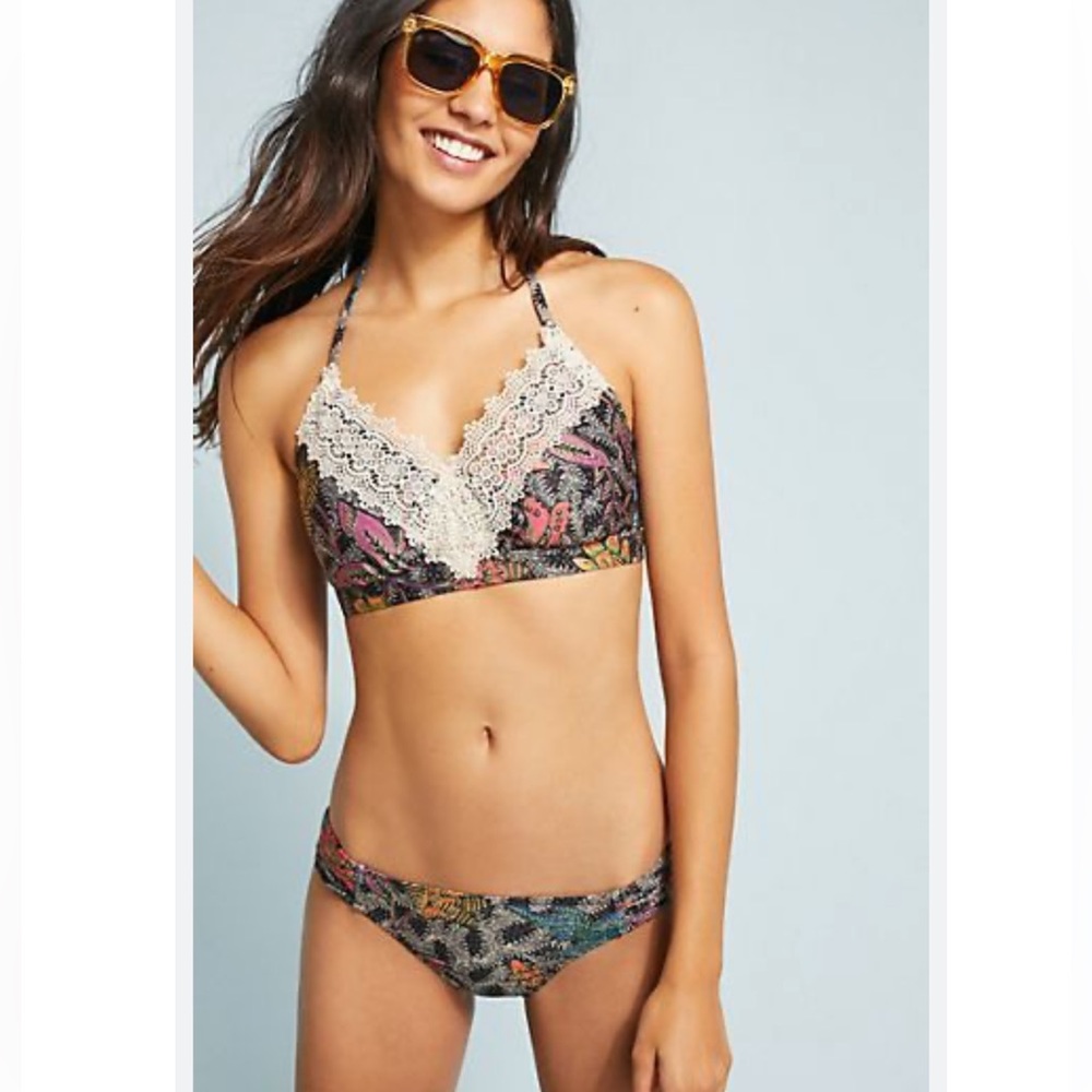 Like New Anthropologie Allihop Swim Ruched Bikini Bottom Black Paisley Print